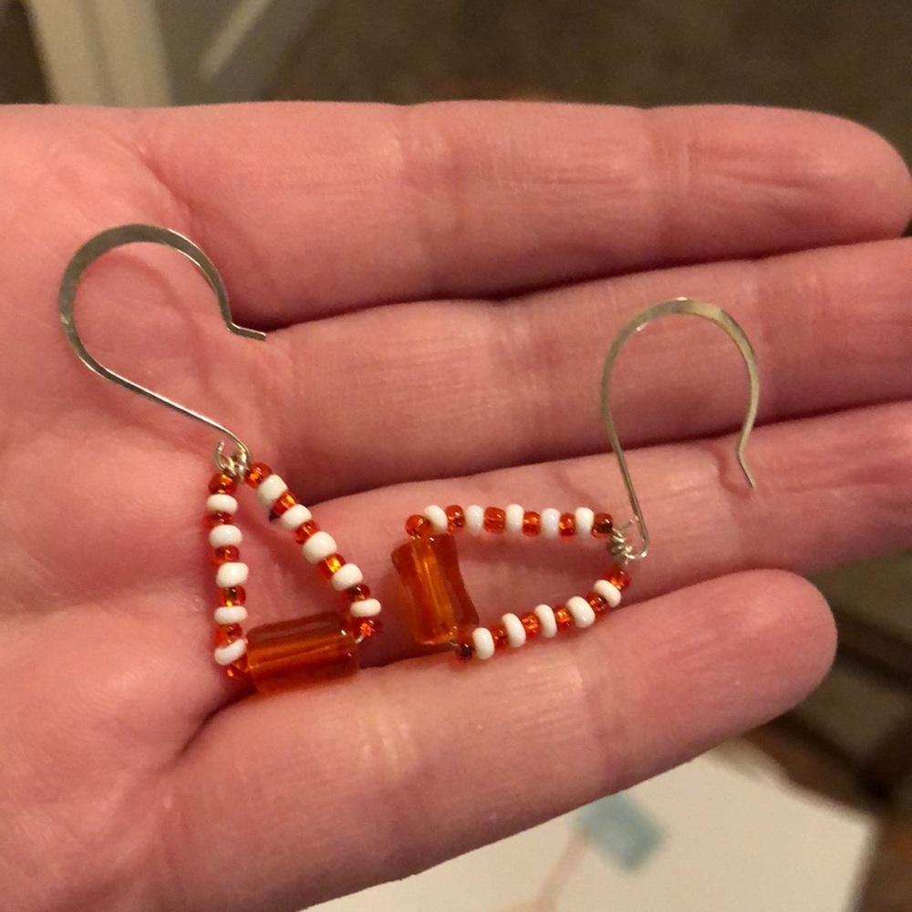 Handmade By Me, Fishhook Dangling Earrings, Beaded, Orange & White, 1/2 long - Picture 2 of 2
